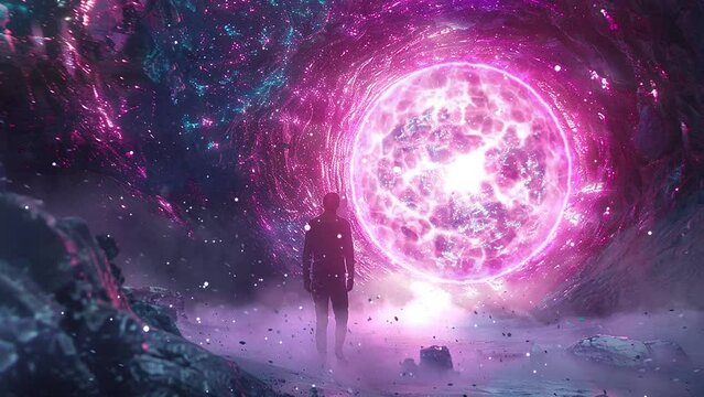 . cinematic shot interdimensional traveler pops up. abstract portal space illustration seamless looping overlay 4k virtual video animation background