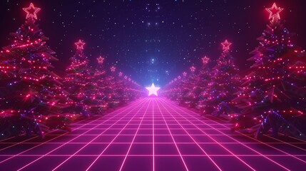 Pink Starburst Christmas Trees: A Neon-Lit, 80s-Inspired Holiday Scene Generative AI