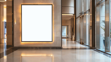 a blank billboard in the lobby of an office building, with no text or images on it