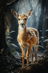 A fawn deer in the woods, surrounded by trees and darkness