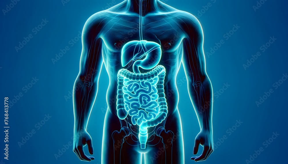 Wall mural a front-facing, semi-transparent digital rendering of a human figure showing the digestive system in