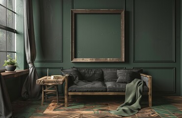 Modern Living Room with Green Walls and Wooden Floor Generative AI