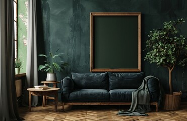 Modern Living Room with Green Walls and Wooden Floor Generative AI