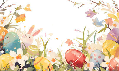 Easter eggs and easter bunny on white background with copy space, Generative AI