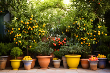 Fototapeta na wymiar Urban Oasis: Dwarf Fruit Trees Thriving in Pots in a Compact City Garden