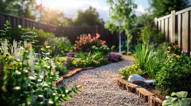 a backyard garden scene where family members spend time tending to plants and enjoying nature, promoting connection with the outdoors and mental rejuvenation.