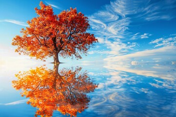 Fall Foliage Reflection: A Stunning Tree in a Serene Lake Setting Generative AI