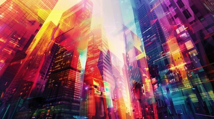 The hustle and bustle of an abstract metropolis with vibrant angular designs adorning the towering buildings.