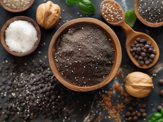 raw chia grains with ingredients top view