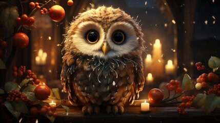 Owl perched on table among candles and fruit for still life photography event