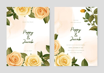 Orange and beige rose wedding invitation card template with flower and floral watercolor texture vector