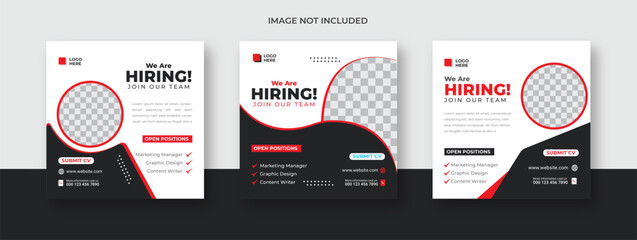 We are hiring job vacancy social media post banner design template .clor black and red. We are hiring job vacancy square web banner design.