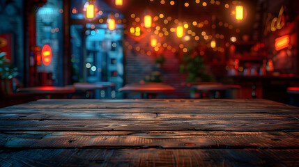Closeup Empty Wooden Table Surface with Blurred Retro Gaming Arcade Lights in Dimly Lit Cozy Interior Studio Background