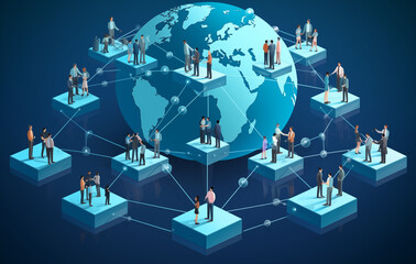 Group of multinational people standing in front of futuristic city and communication network concept.
 business standing with back and touching connection concept