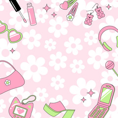 vector background with a set of Y2K or 90s style cute shoes and accessories for banners, cards, flyers, social media wallpapers, etc.