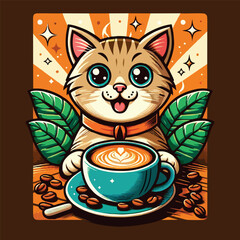 illustration of cat drinking coffee flat art vector design for tshirt, poster, banner and more