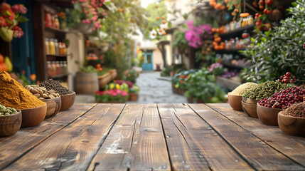 Closeup of Empty Wooden Table Surface with Blurred Middle Eastern Spice Market Background in Studio Setting