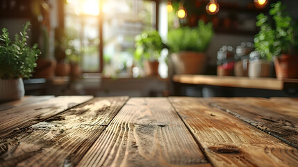 Closeup of Empty Wooden Table with Blurred Farmhouse Kitchen Background for Lifestyle and Home Decor Photography