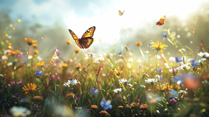 Visually stunning image of a flower-filled meadow with butterflies, captured in the warm, glowing...