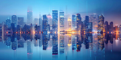Abstract Blue City Skyline with Urban Architecture in Downtown Hong Kong at Sunset