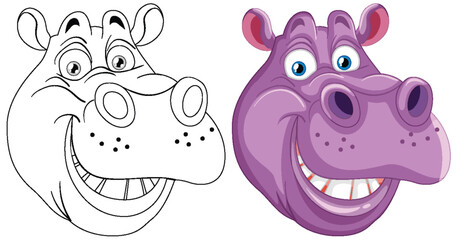 Line art and colored illustration of a cheerful hippo