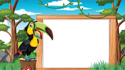 Colorful toucan perched beside an empty frame