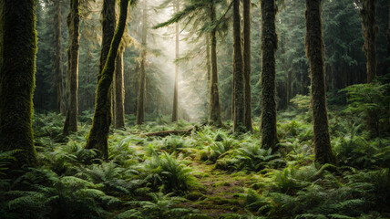 Fototapeta premium Morning in the forest with rays of sunlight coming through trees