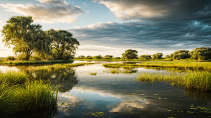 sunset over lake with blue skies and clouds