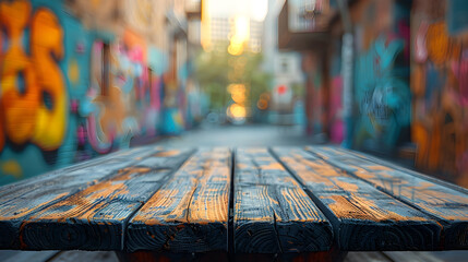 Closeup of Weathered Wooden Table Surface with Vibrant Graffiti-Covered Blurred Background