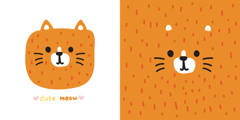 Cute cat face soft hair hand drawn.Home pet head animal character cartoon design.Kid graphic.Image for card,poster,print screen,baby clothing,T-shirt,sticker.Kawaii.Vector.Illustration.