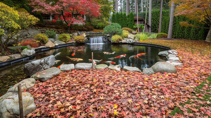 Serene koi pond in a traditional Japanese garden, surrounded by fiery autumn leaves and a peaceful waterfall in the background