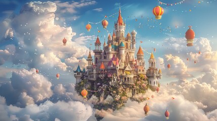 A whimsical fairytale castle soaring high amongst fluffy clouds, adorned with colorful hot air balloons and festive banners. Enchanting Fairytale Castle Floating Among Clouds

 - obrazy, fototapety, plakaty
