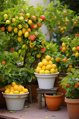 Urban Oasis: Dwarf Fruit Trees Thriving in Pots in a Compact City Garden