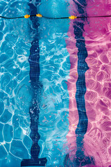 A swimming pool with a liquid of electric blue and purple hues, adorned with yellow buoys creating a sense of symmetry and pattern for leisure and recreation activities