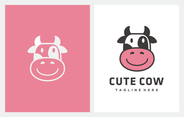 Funny Head and Smile Cow Cartoon, Happy Cow logo design illustration