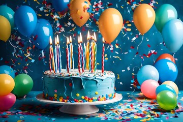 A vibrant blue birthday cake takes center stage, adorned with colorful balloons and confetti, creating a festive and joyous atmosphere for a celebration filled with excitement and cheer - obrazy, fototapety, plakaty