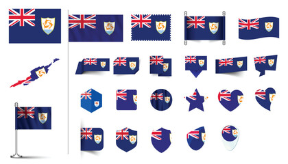 set of Anguilla flag, flat Icon set vector illustration. collection of national symbols on various objects and state signs. flag button, waving, 3d rendering symbols