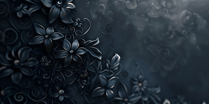 Flowers frame Black leaves wallpaper Black luxury background.AI Generative