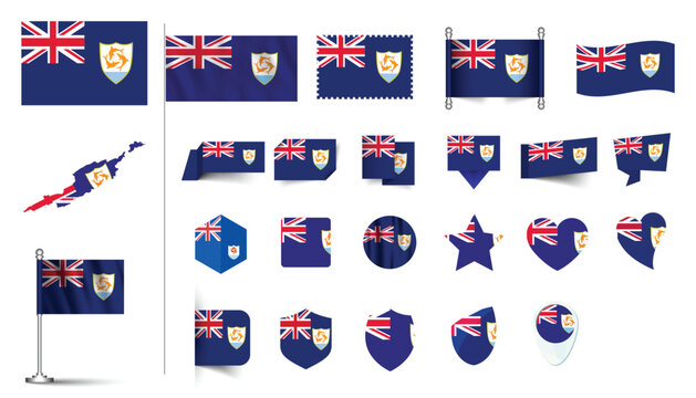 set of Anguilla flag, flat Icon set vector illustration. collection of national symbols on various objects and state signs. flag button, waving, 3d rendering symbols