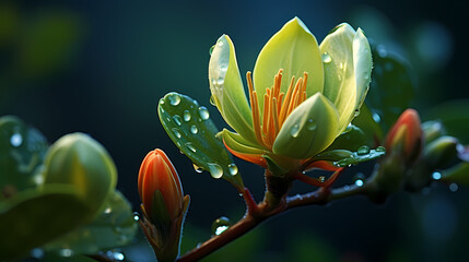 A closer look at the texture of a flower bud, its vibrant green hue enhanced by dewdrops