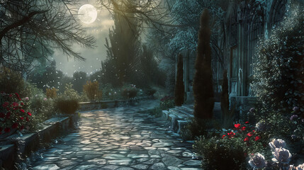 Enchanting night garden with a cobblestone pathway leading to a mysterious manor under the full moon's glow - obrazy, fototapety, plakaty