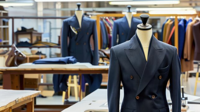 A new stylish suit on a mannequin awaits its customer in the atelier workshop. Exquisite details set this suit apart, making it a true symbol of luxury and refinement.