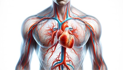 a detailed anatomical illustration of the human cardiovascular system including the heart, major arteries, and veins within a translucent outline of the upper body. 3d illustration.