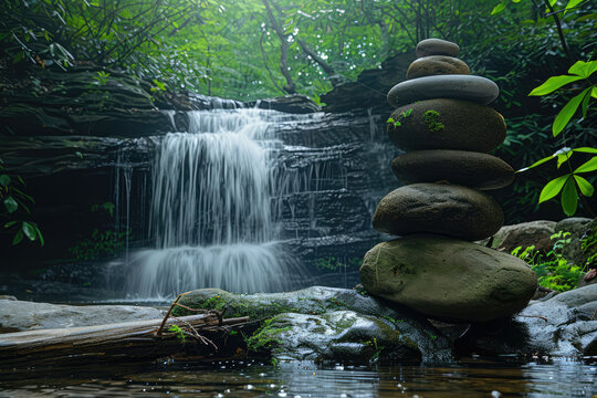 Photo of stacked rocks in front of waterfall in forest, reflection on water in the style of nature. Created with Ai