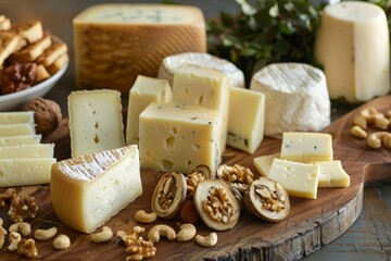 Various types of cheeses and nuts arranged on a wooden cutting board for a gourmet snack or appetizer