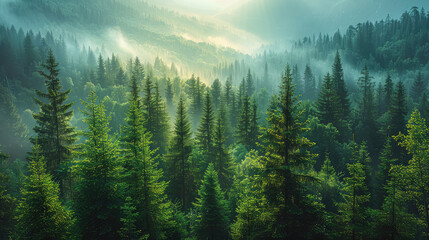 A dense forest of tall pine trees, shrouded in mist with sunlight filtering through the canopy. Created with Ai - 768417924