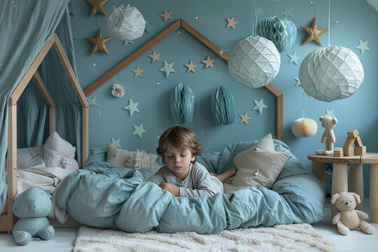 Photo of a boy in his room with pastel blue walls, wooden furniture and soft pillows. The little one is lying on the bed surrounded by plush toys and paper lanterns hanging from above. Created with Ai
