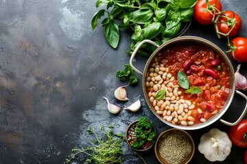 A casserole pot filled with fresh beans, ripe tomatoes, and fragrant herbs ready for cooking - obrazy, fototapety, plakaty