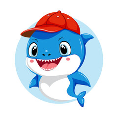 Funny cartoon white and blue shark wearing  red baseball cap. Baby predator is smiling and has big grin on his face. Logo design element, sticker, label, poster, clipart. Vector image