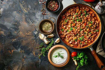 A casserole pot filled with beans and vegetables sits next to various ingredients for a recipe - obrazy, fototapety, plakaty